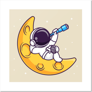 Cute Astronaut Looking Star With Telescope Cartoon Posters and Art